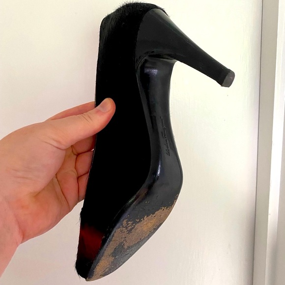 Vintage W9 - 90s Salvatore Ferragamo Pony Skin Peeptoe Heels - Picture 7 of 12